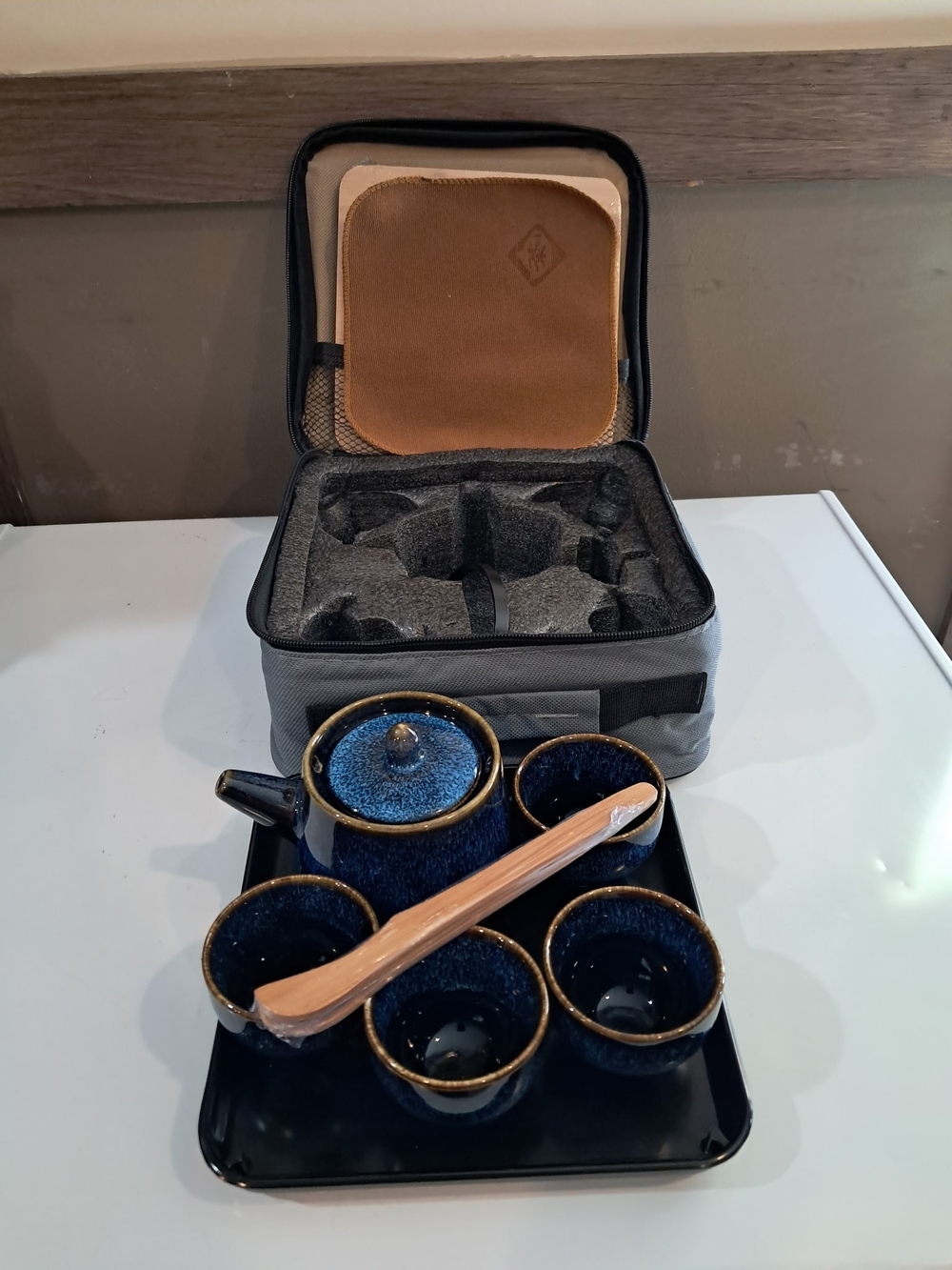 Blue Ceramic Tea Set with Travel Case
